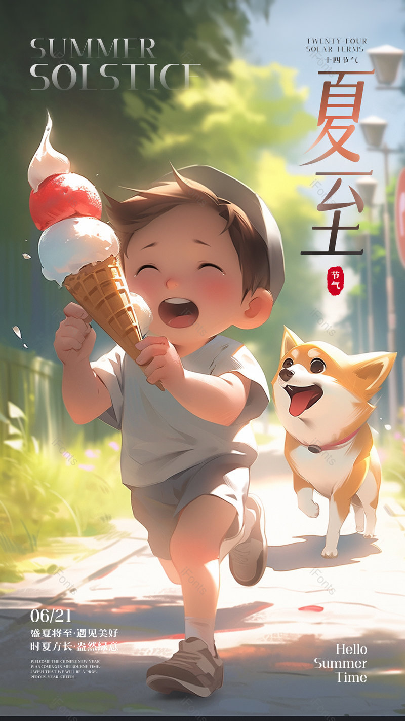 男孩冰激凌小狗卡通插画可爱夏至节气海报,设计模板,设计模板大全,设计模板下载